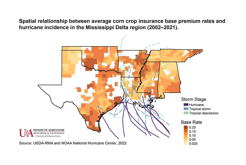 This image gives the county-specific base premium rates averaged across both irrigated and nonirrigated corn and the 6-h storm tracks for hurricanes relevant to our study that made landfall in the Mississippi Delta region over the period 2002–2021. We note the base premium rate is interpreted as the amount of actuarially fair premium paid per dollar of purchased liability. (U of Arkansas System Division of Agriculture image)