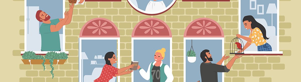 Good neighbors communicating with each other from open windows and balconies. (Adobe Stock │ #484592481 - Siberian Art)