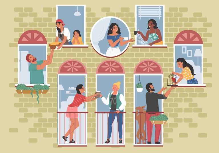 Good neighbors communicating with each other from open windows and balconies. (Adobe Stock │ #484592481 - Siberian Art)