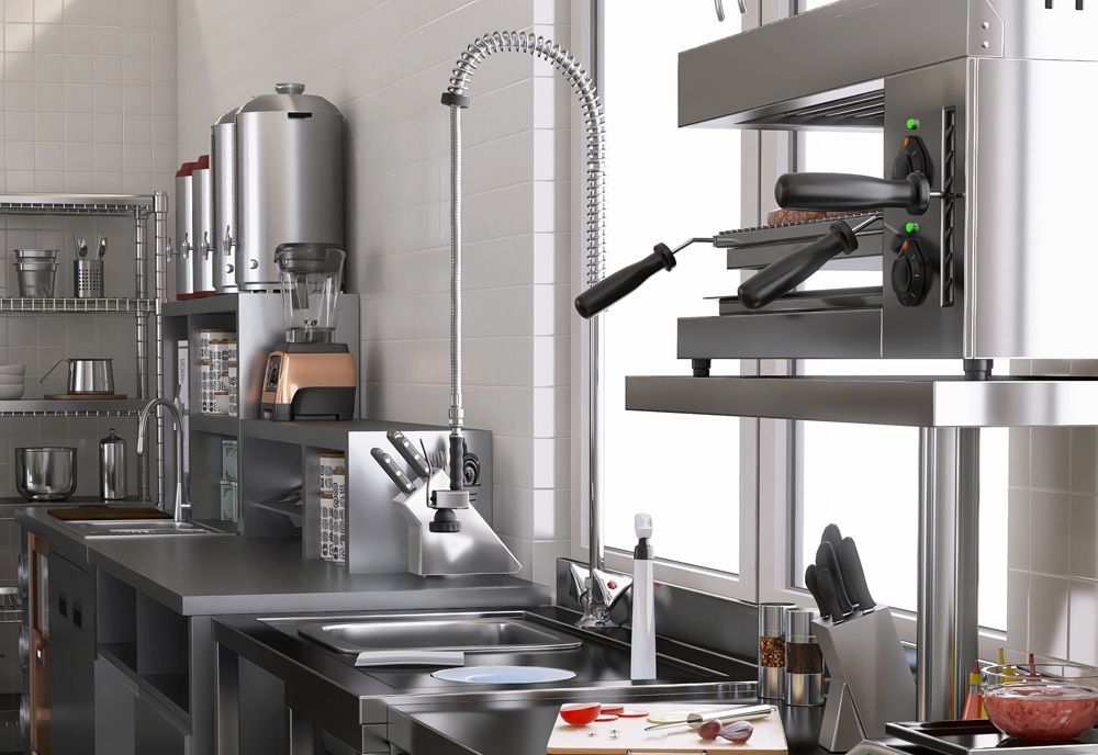 Stainless steel washing sink with adjustable faucet, cabinet, shelf by window in white tile wall commercial, professional restaurant. (Adobe Stock │ #710294903 - Sue Tansirimas)