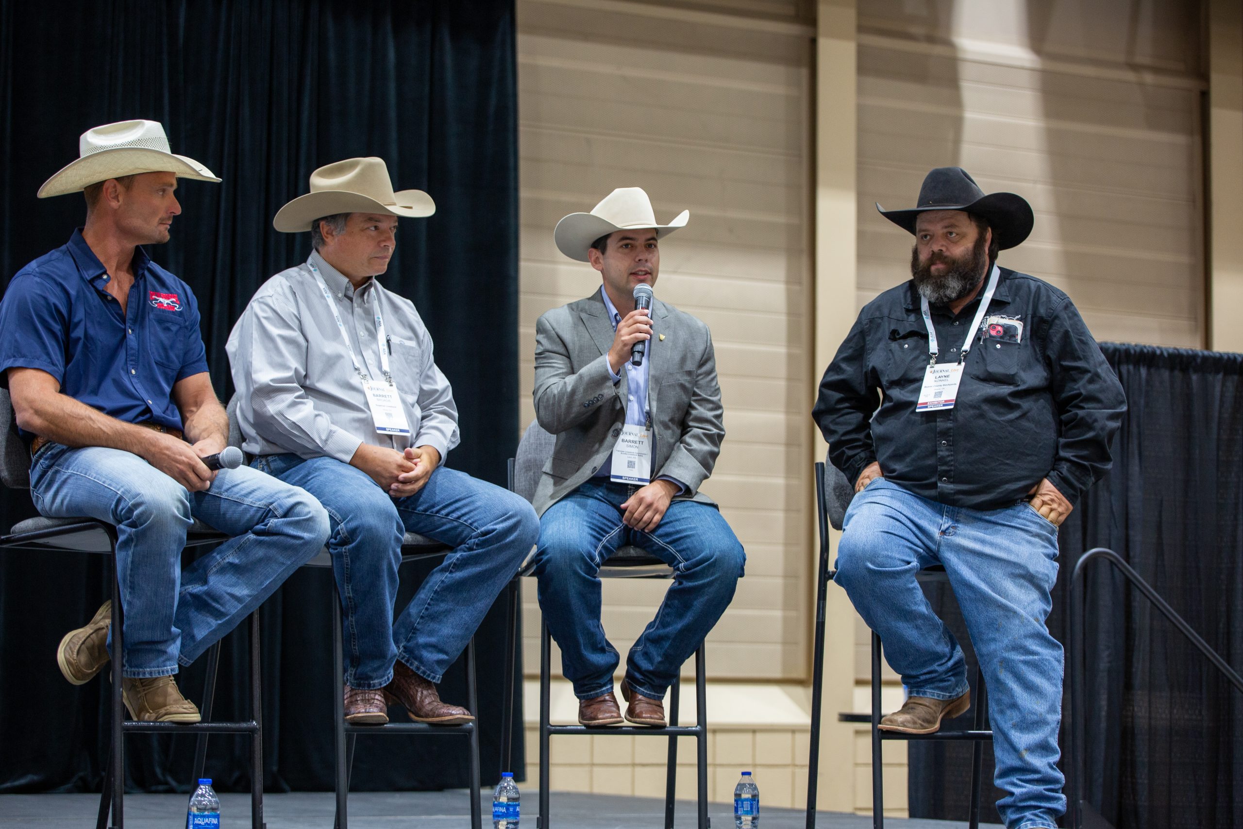 Cattle marketing panel at Day 2 of HPJ Live, Wichita, Kansas, Aug. 7. Panel included from left, Skyler Moore, Barrett Broadie, Barrett Simon and Layne Konkel. (Journal photo by Kylene Scott.)
