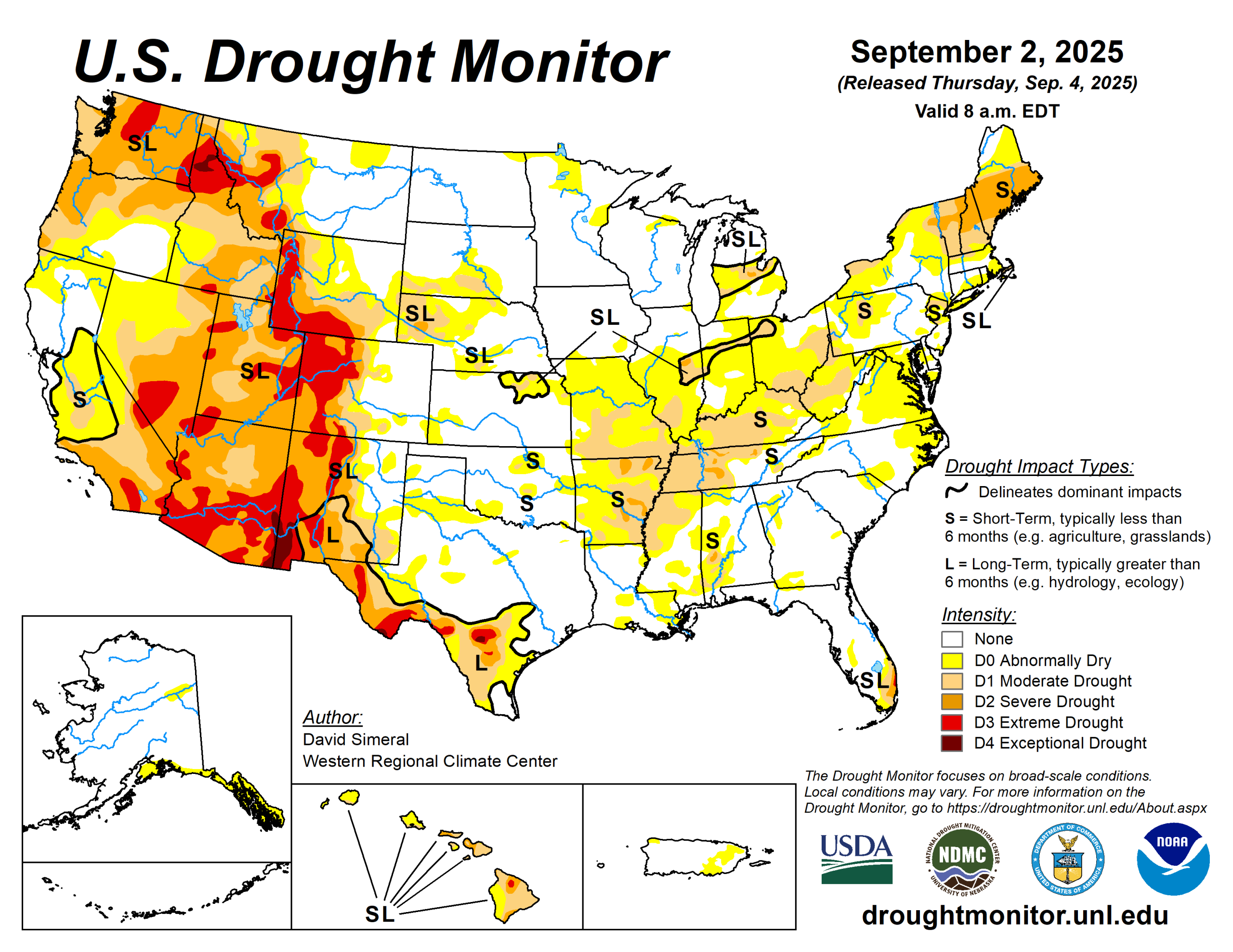 The U.S. Drought Monitor is jointly produced by the National Drought Mitigation Center at the University of Nebraska-Lincoln, the U.S. Department of Agriculture and the National Oceanic Atmospheric Administration. (Map courtesy of NDMC.)