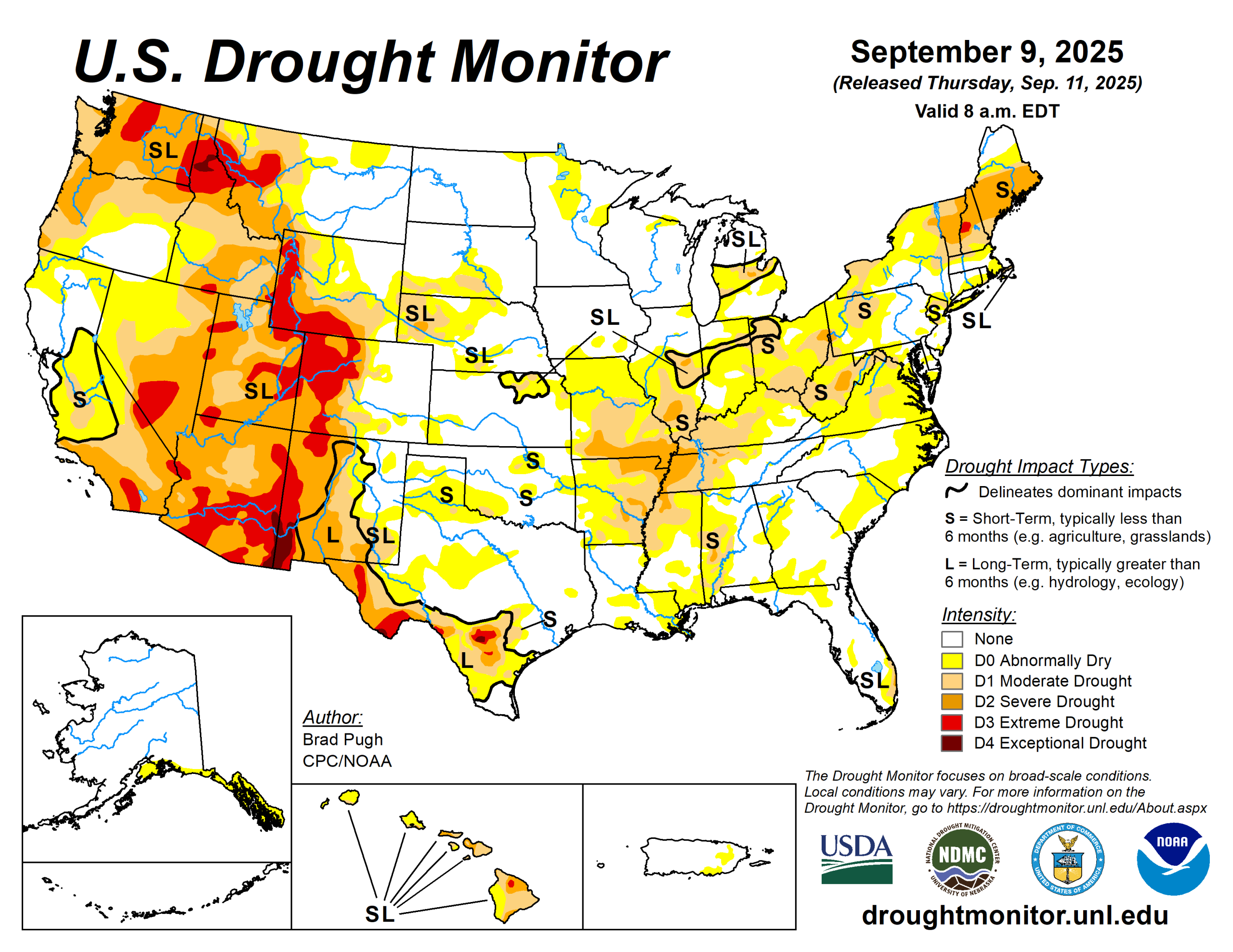 The U.S. Drought Monitor is jointly produced by the National Drought Mitigation Center at the University of Nebraska-Lincoln, the U.S. Department of Agriculture and the National Oceanic Atmospheric Administration. (Map courtesy of NDMC.)