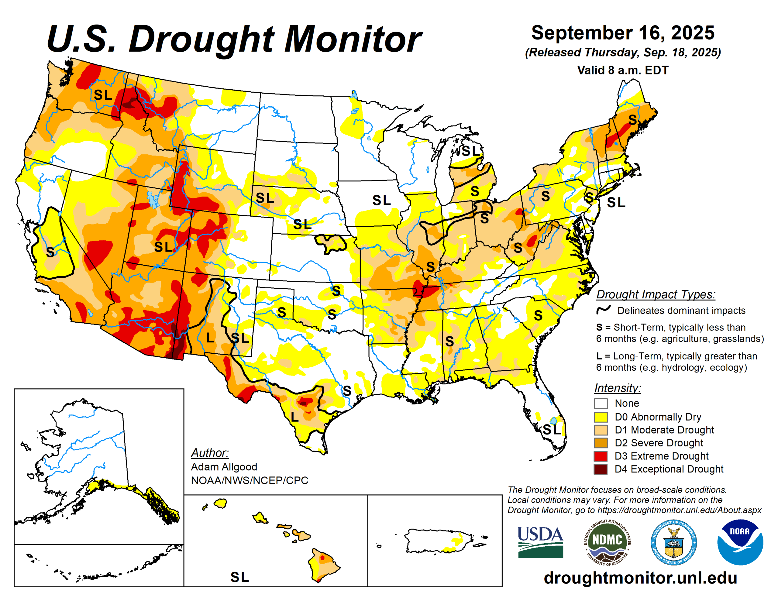 The U.S. Drought Monitor is jointly produced by the National Drought Mitigation Center at the University of Nebraska-Lincoln, the U.S. Department of Agriculture and the National Oceanic Atmospheric Administration. (Map courtesy of NDMC.)