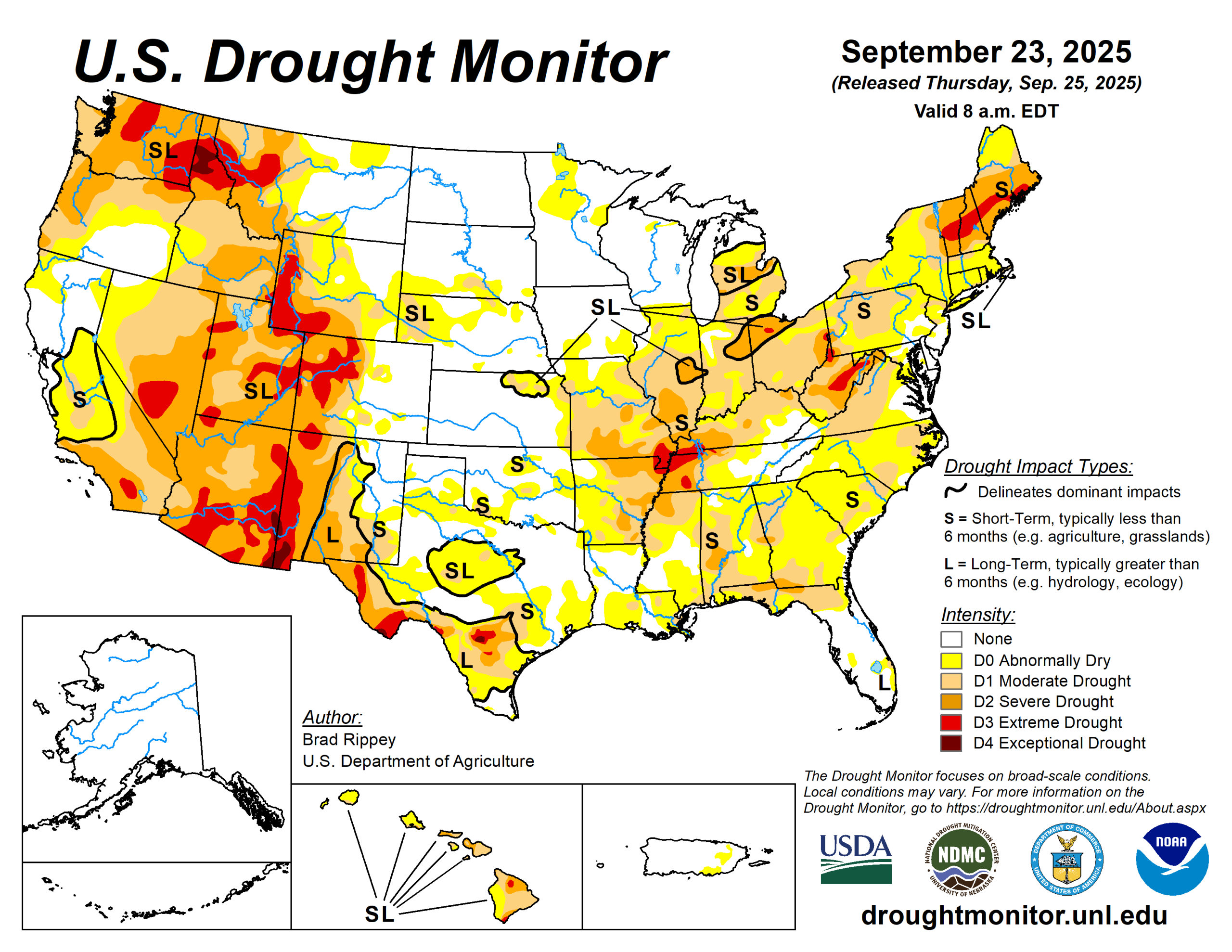 The U.S. Drought Monitor is jointly produced by the National Drought Mitigation Center at the University of Nebraska-Lincoln, the U.S. Department of Agriculture and the National Oceanic Atmospheric Administration. (Map courtesy of NDMC.)