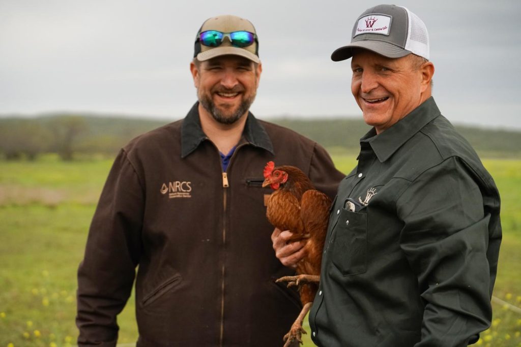 NRCS Resource Team Leader Haden Keyser and Sunrise W Land and Cattle Company co-owner Jim West (right) discuss the benefits of grazing chickens on the pasture. (USDA Natural Resources Conservation Service)