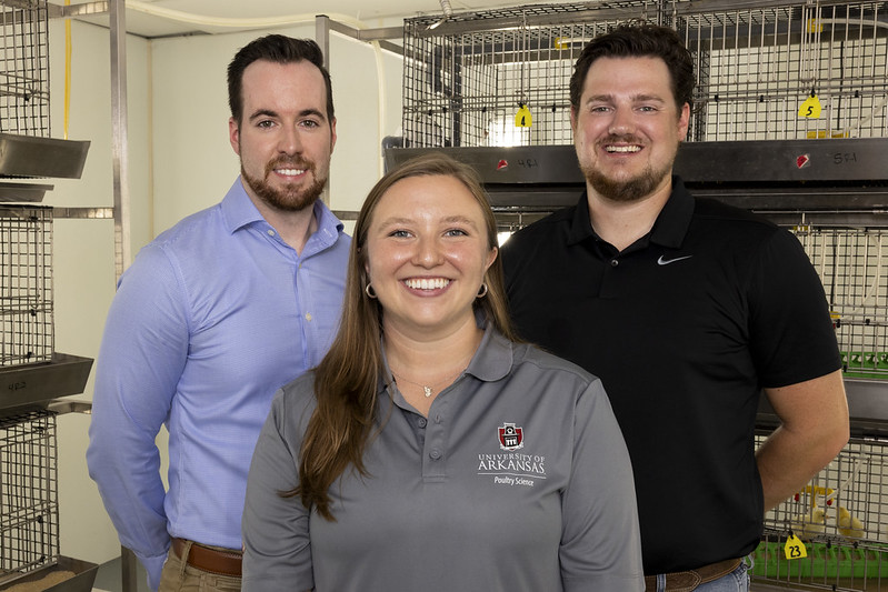 Ben Parsons, Seth Hufford and Rebekah Drysdale have investigated calcium bioavailability in poultry for the Arkansas Agricultural Experiment Station. Parsons is an assistant professor of poultry nutrition with the experiment station, the University of Arkansas System’s Center of Excellence for Poultry Science and the Dale Bumpers College of Agricultural, Food and Life Sciences. Drysdale is a Ph.D. student and Hufford is a program technician. (U of A System Division of Agriculture photo by Paden Johnson)
