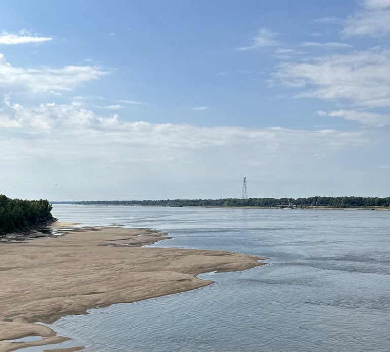 Plenty of "beach" showing on the western shore of the Mississippi River at the River Park in Helena-West Helena, Arkansas. The lower reaches of the river saw its levels dropping due to lack of rainfall upstream. Taken Sept. 3, 2025. (U of Arkanas System Division of Agriculture photo by Tucker Vonkanel)