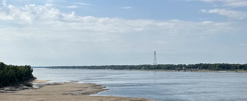 Plenty of "beach" showing on the western shore of the Mississippi River at the River Park in Helena-West Helena, Arkansas. The lower reaches of the river saw its levels dropping due to lack of rainfall upstream. Taken Sept. 3, 2025. (U of Arkanas System Division of Agriculture photo by Tucker Vonkanel)