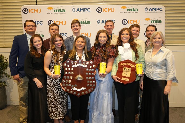 Tess Herbert, far right bottom, Meat and Livestock Australia board member, stands with the Texas A&M Department of Animal Science Meat Judging Team after they earned international champion honors at the Intercollegiate Meat Judging competition in Wagga Wagga, Australia. (Megan Hendry/Intercollegiate Meat Judging)