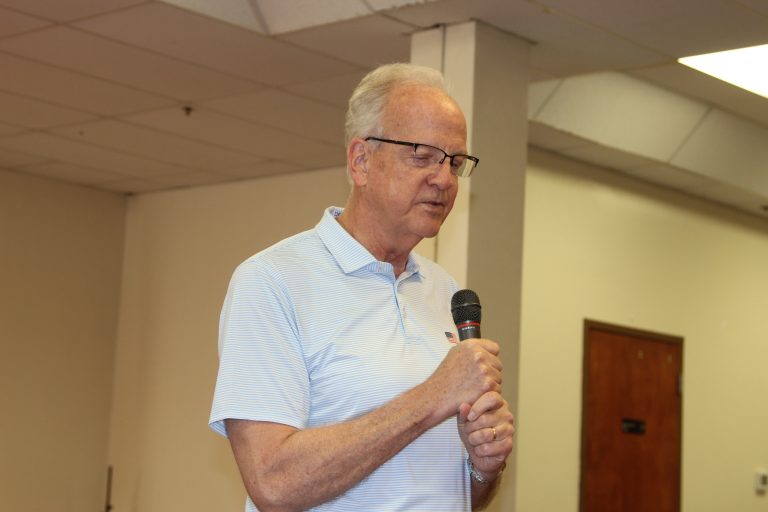.S. Sen. Jerry Moran pauses for a moment during the Kansas Farm Bureau’s Agricultural Leadership Breakfast during the Kansas State Fair on Sept. 6. (Journal photo by Dave Bergmeier.)