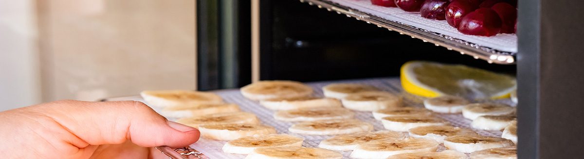 Person hand putting a tray with banana slices into a food dehydrator machine. (iStock │ #1332723385 - Ekaterina79)