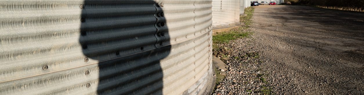 Concept image of a dark shadow of a would-be thief around agricultural grain silos. (iStock │ #1947261562 - Nickbeer)