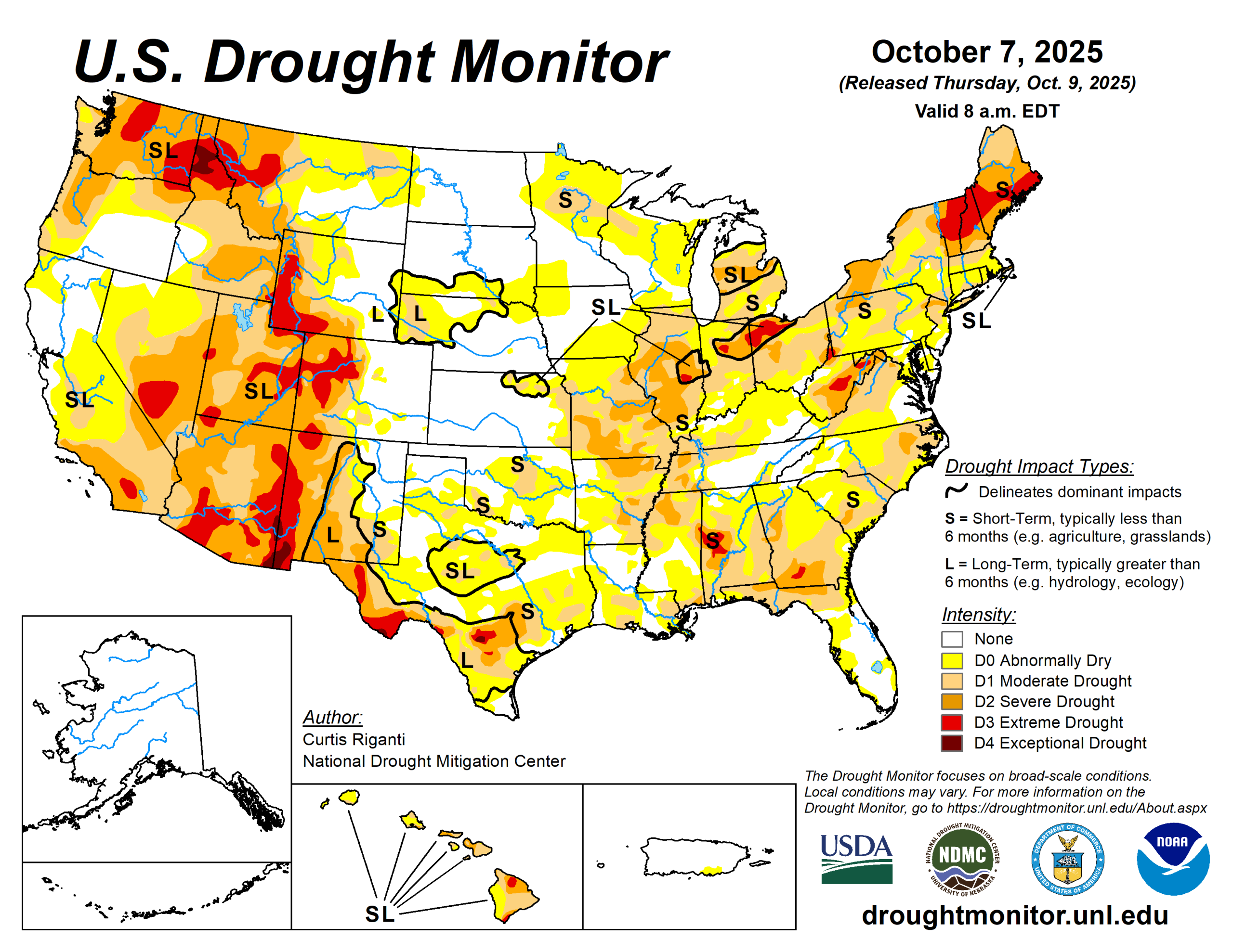 The U.S. Drought Monitor is jointly produced by the National Drought Mitigation Center at the University of Nebraska-Lincoln, the U.S. Department of Agriculture and the National Oceanic Atmospheric Administration. (Map courtesy of NDMC.)