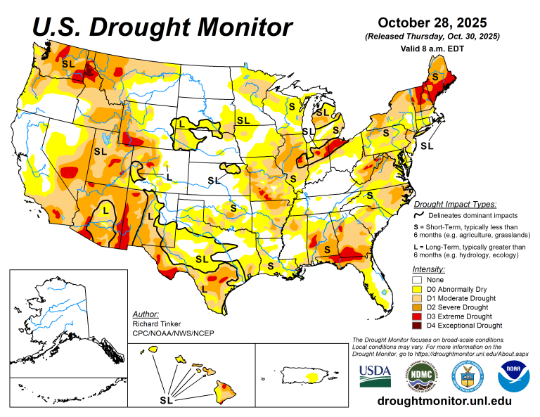 The U.S. Drought Monitor is jointly produced by the National Drought Mitigation Center at the University of Nebraska-Lincoln, the U.S. Department of Agriculture and the National Oceanic Atmospheric Administration. (Map courtesy of NDMC.)