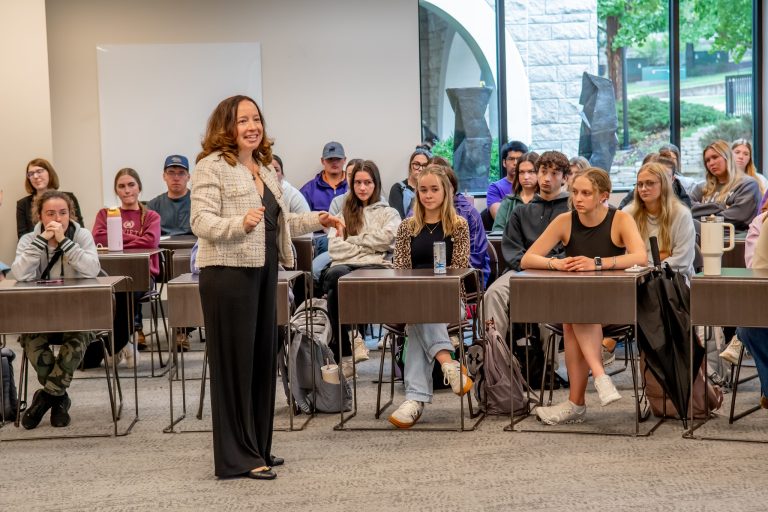 Veterinarian and public health leader Megin Nichols met with K-State students prior to the Henry C. Gardiner Global Food Systems lecture on Oct. 6. Nichols was the 13th presenter in the popular Gardiner series. (K-State Research and Extension news service)