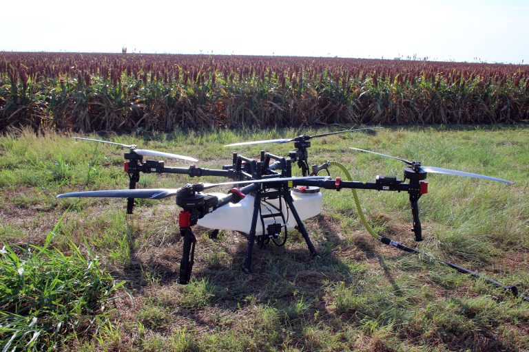 This spray drone was used to desecate sorghum when there was too much rainfall for a ground rig to complete the job. (Journal photo by Lacey Vilhauer.)