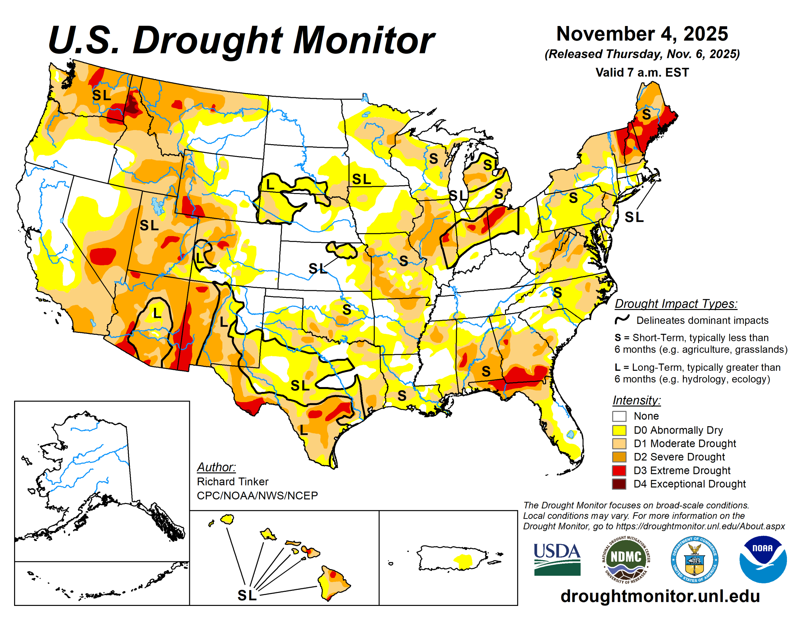 The U.S. Drought Monitor is jointly produced by the National Drought Mitigation Center at the University of Nebraska-Lincoln, the U.S. Department of Agriculture and the National Oceanic Atmospheric Administration. (Map courtesy of NDMC.)