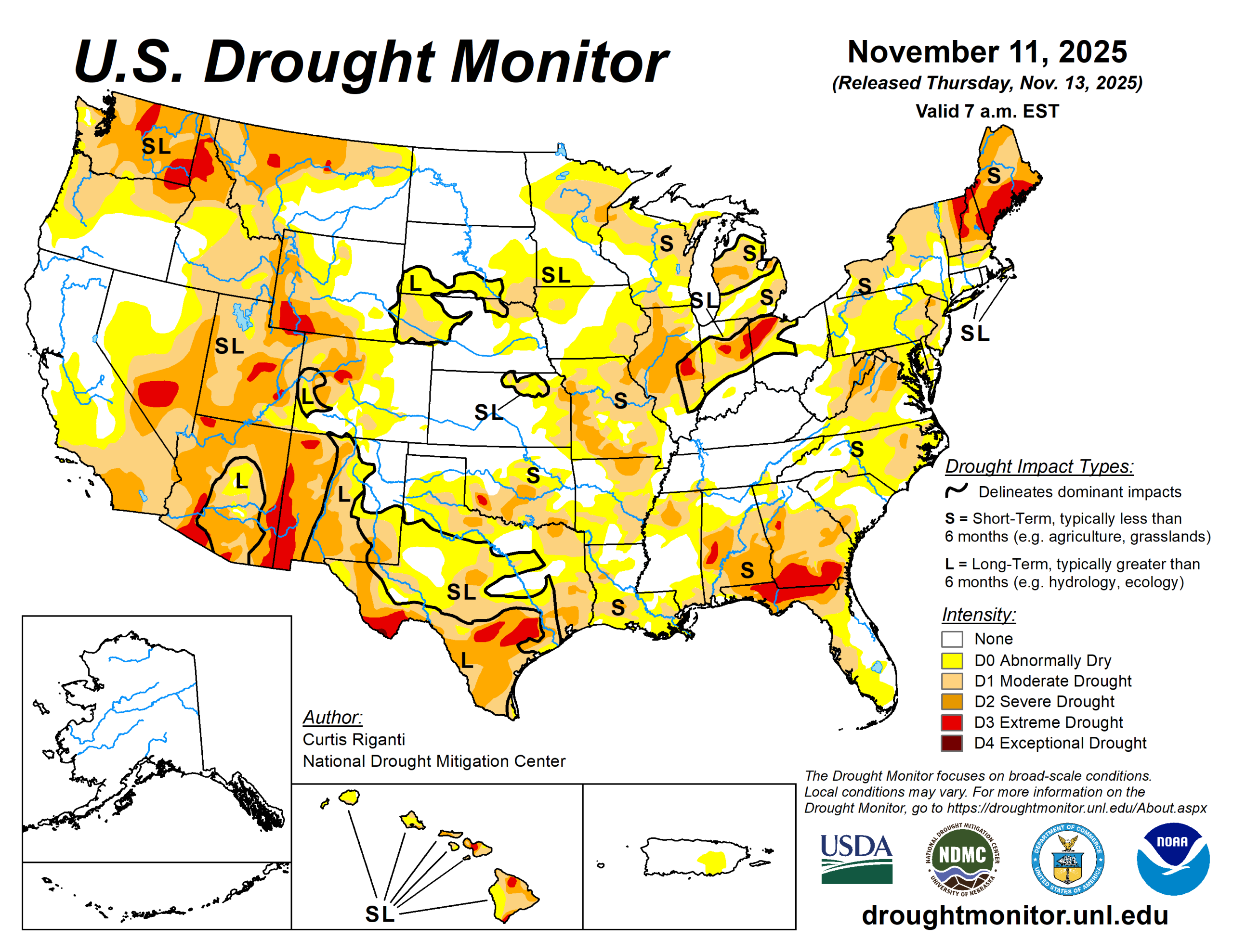 The U.S. Drought Monitor is jointly produced by the National Drought Mitigation Center at the University of Nebraska-Lincoln, the U.S. Department of Agriculture and the National Oceanic Atmospheric Administration. (Map courtesy of NDMC.)