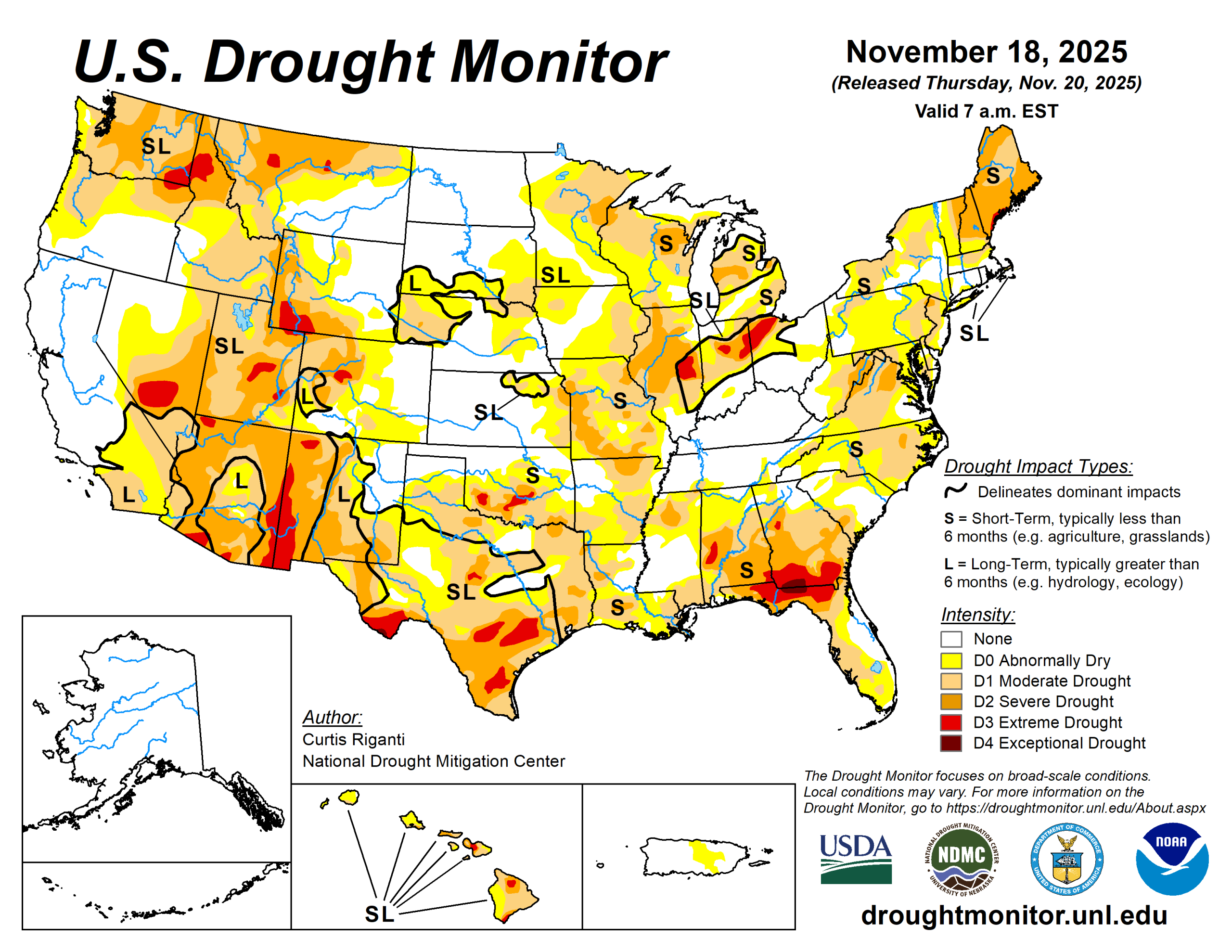 The U.S. Drought Monitor is jointly produced by the National Drought Mitigation Center at the University of Nebraska-Lincoln, the U.S. Department of Agriculture and the National Oceanic Atmospheric Administration. (Map courtesy of NDMC.)