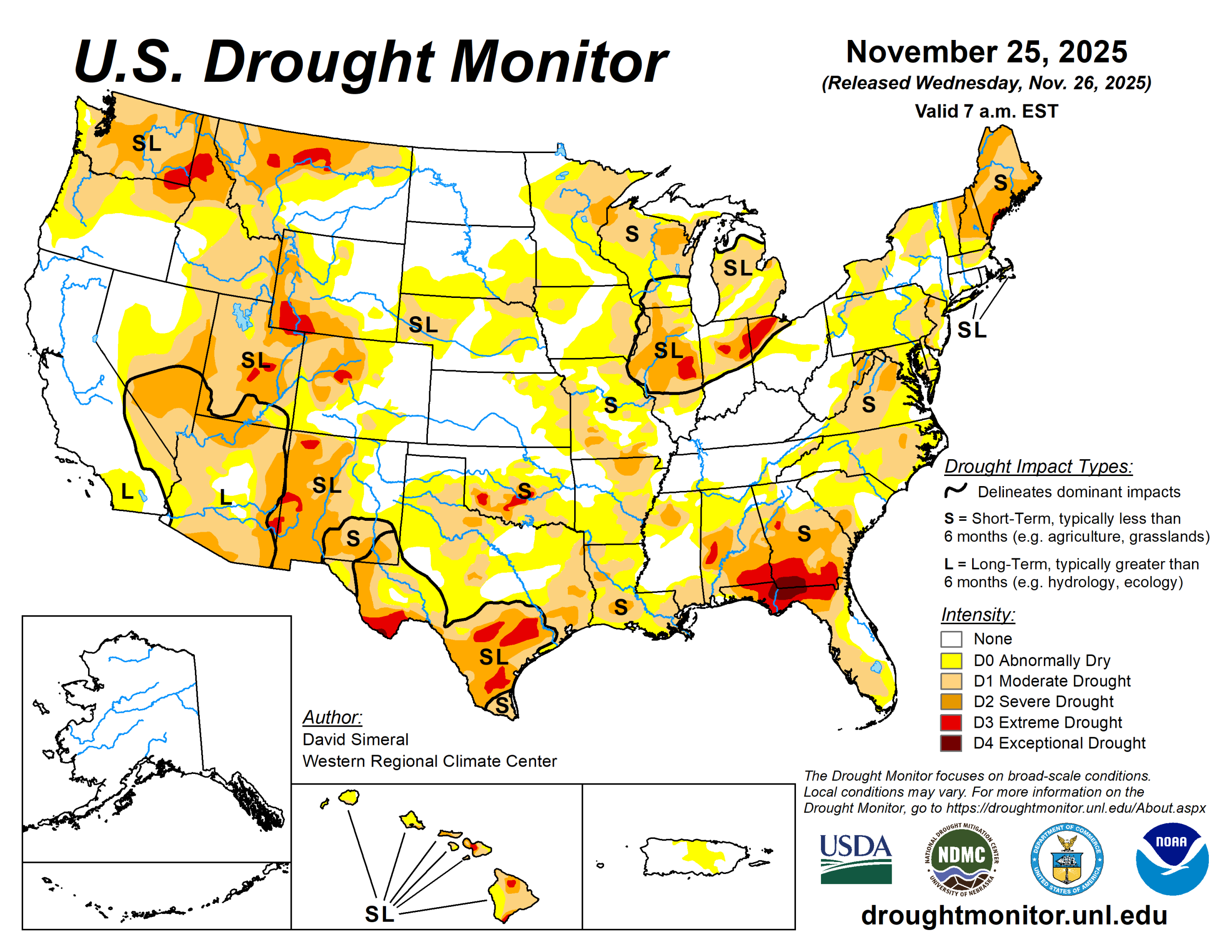 The U.S. Drought Monitor is jointly produced by the National Drought Mitigation Center at the University of Nebraska-Lincoln, the U.S. Department of Agriculture and the National Oceanic Atmospheric Administration. (Map courtesy of NDMC.)