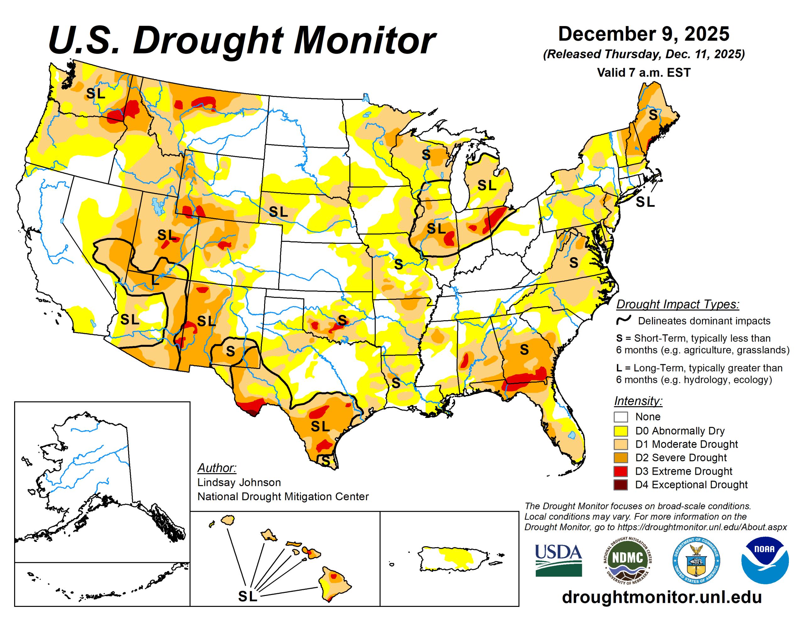 The U.S. Drought Monitor is jointly produced by the National Drought Mitigation Center at the University of Nebraska-Lincoln, the U.S. Department of Agriculture and the National Oceanic Atmospheric Administration. (Map courtesy of NDMC.)