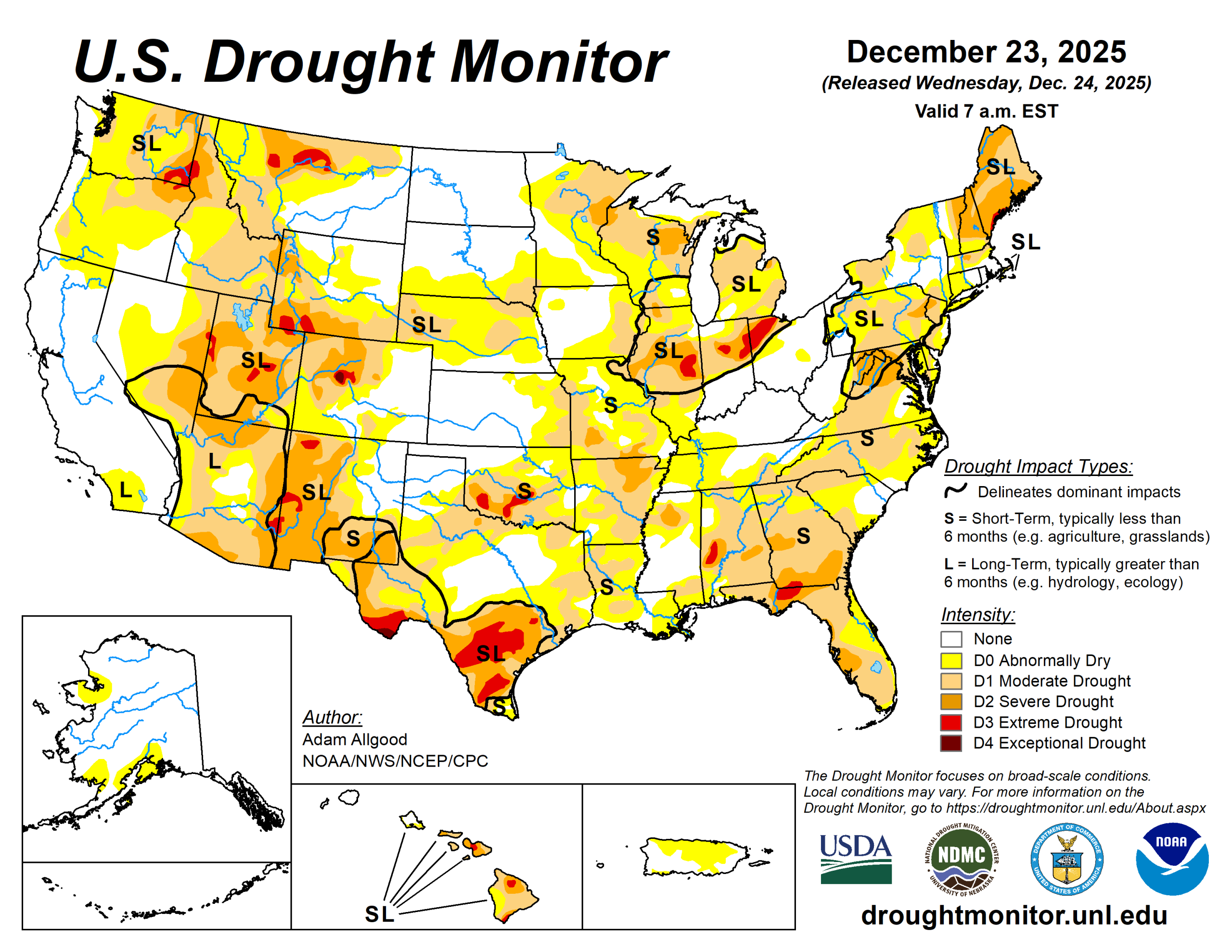 The U.S. Drought Monitor is jointly produced by the National Drought Mitigation Center at the University of Nebraska-Lincoln, the U.S. Department of Agriculture and the National Oceanic Atmospheric Administration. (Map courtesy of NDMC.)