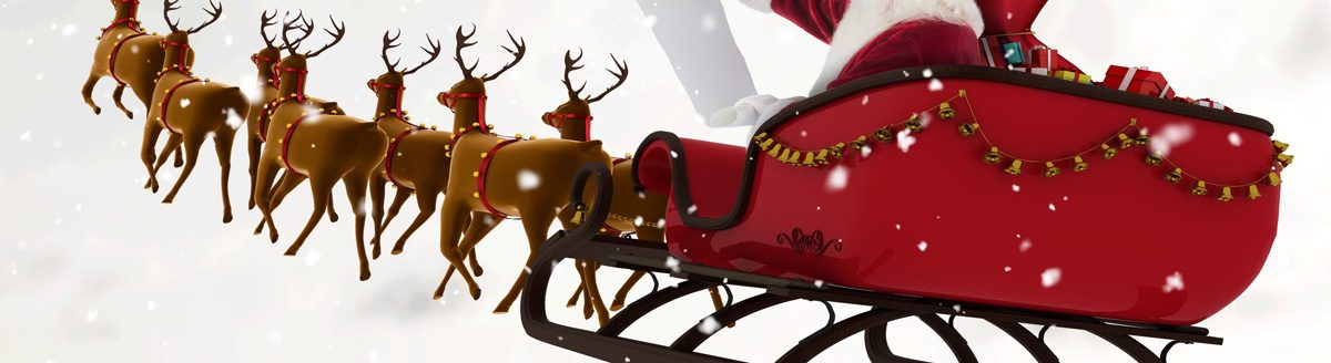 Santa Claus in sleigh pulled by reindeer over snow falling. (Adobe Stock │ #433631911 - vectorfusionart)