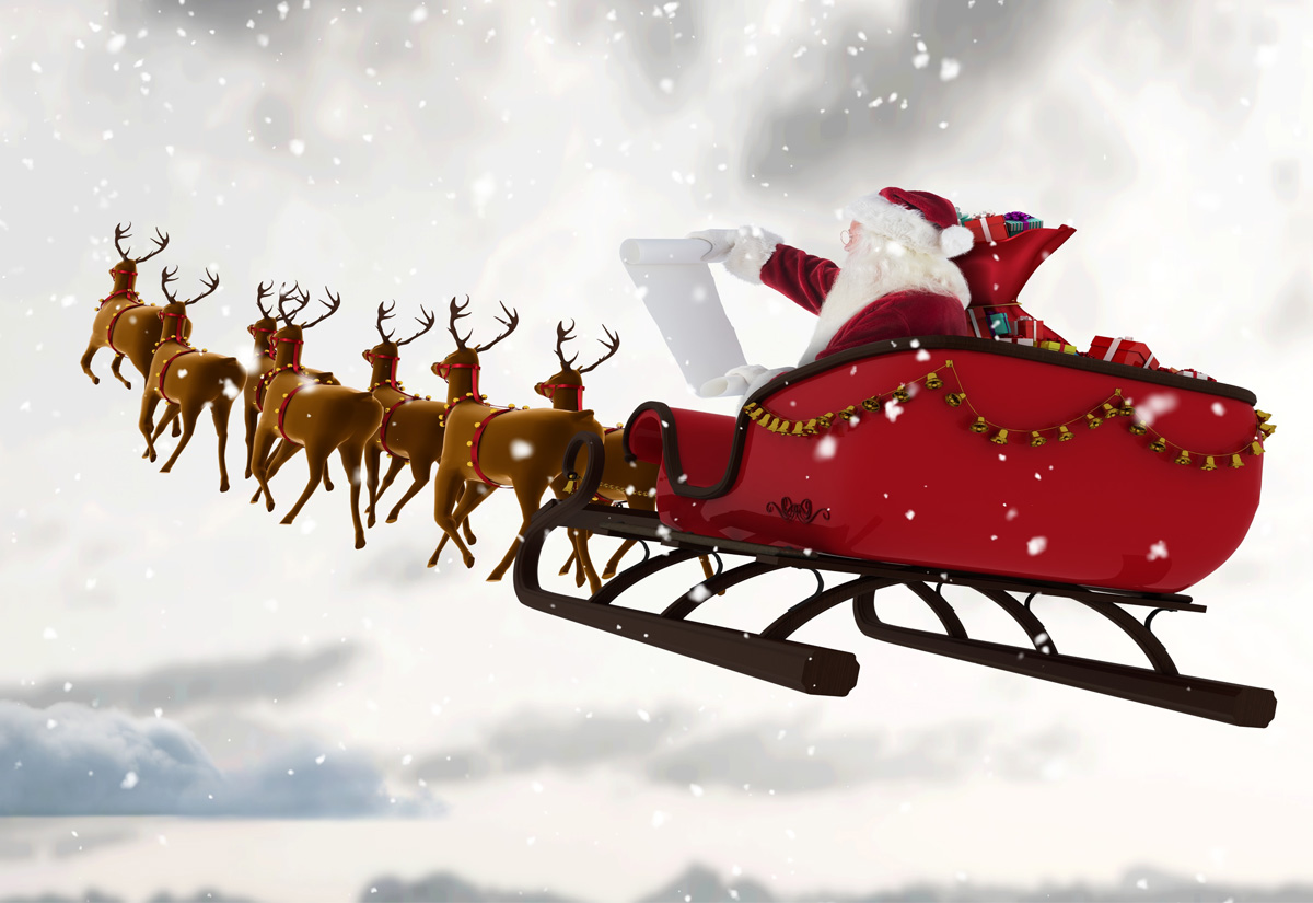 Santa Claus in sleigh pulled by reindeer over snow falling. (Adobe Stock │ #433631911 - vectorfusionart)