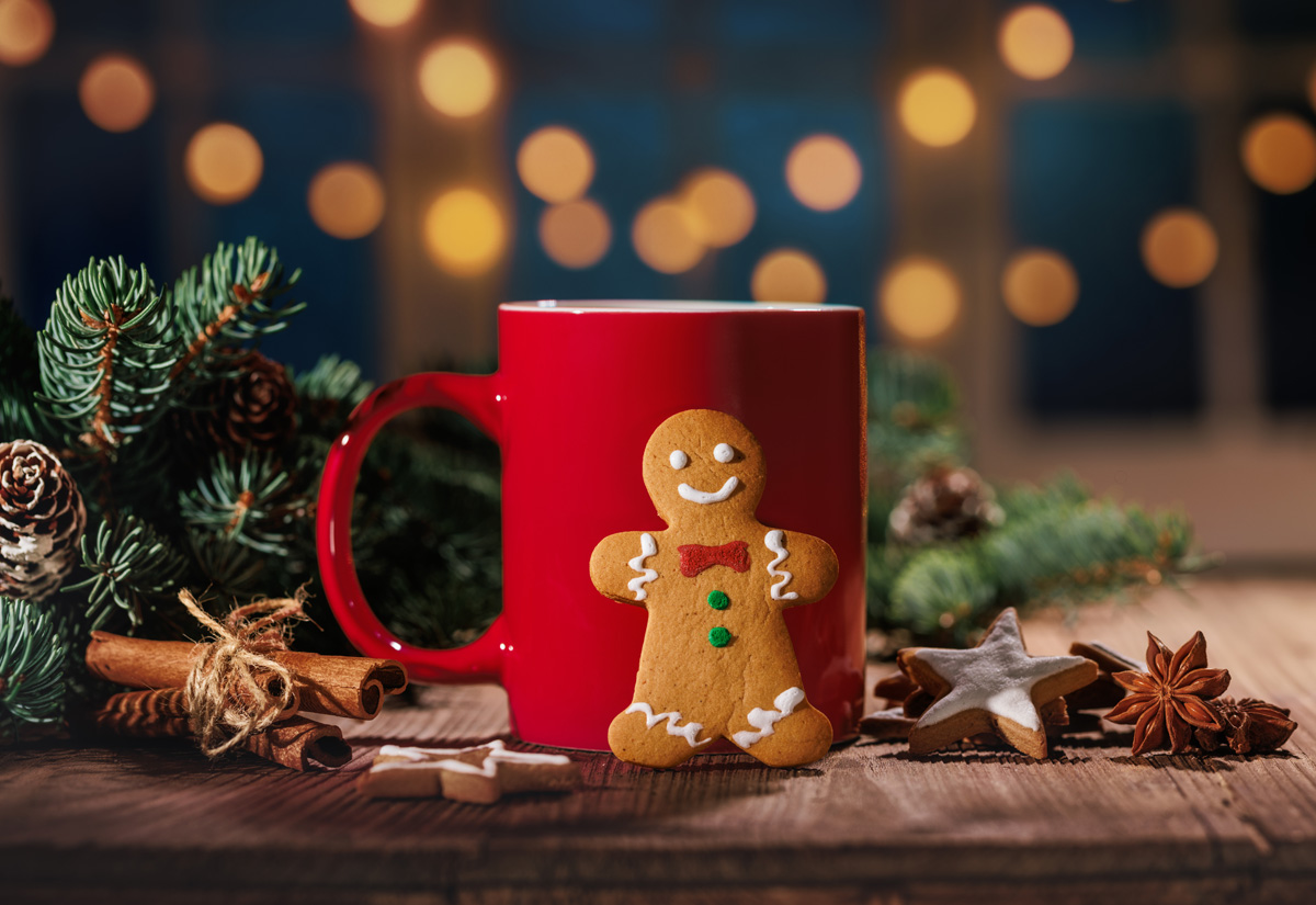 Gingerbread cookie and hot chocolate for Christmas Celebration. (Adobe Stock │ #673646219 - Lily)