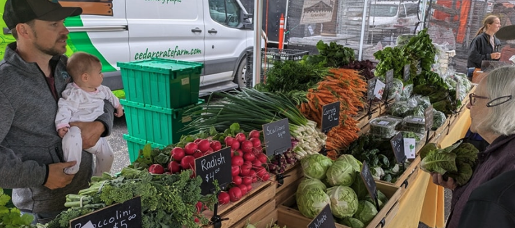 Customers shopping for vegetables at the Mankato farmers market. (University of Minnesota Extension)