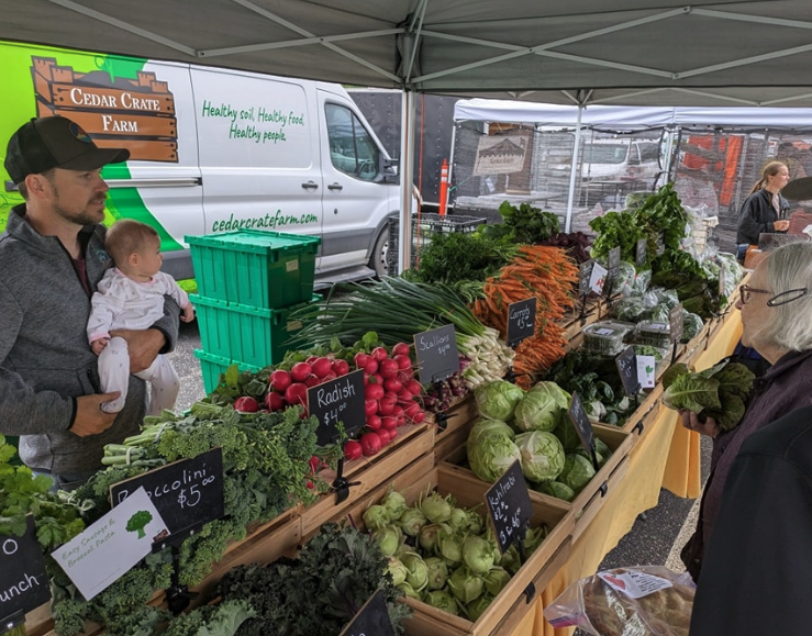 Customers shopping for vegetables at the Mankato farmers market. (University of Minnesota Extension)
