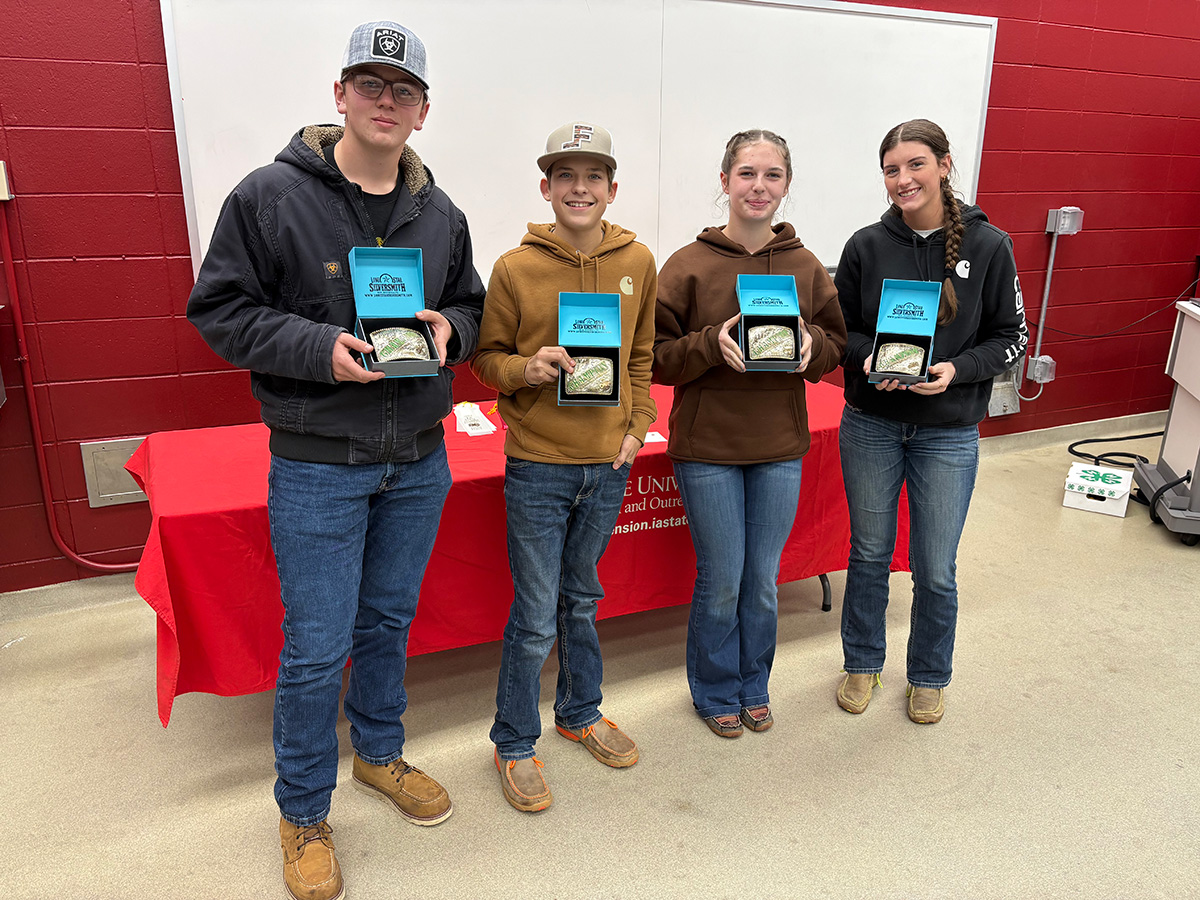 Champion Senior Meats Team: Sioux County 1 (left to right) -- Jacob Haverhals, Jacob Boogerd, Gabby Oteri and Izy Klein. (Iowa State University Extension)