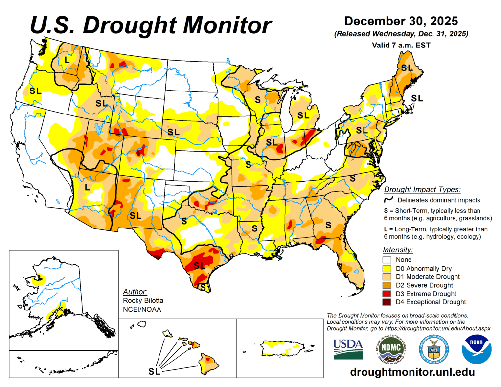 The U.S. Drought Monitor is jointly produced by the National Drought Mitigation Center at the University of Nebraska-Lincoln, the U.S. Department of Agriculture and the National Oceanic Atmospheric Administration. (Map courtesy of NDMC.)