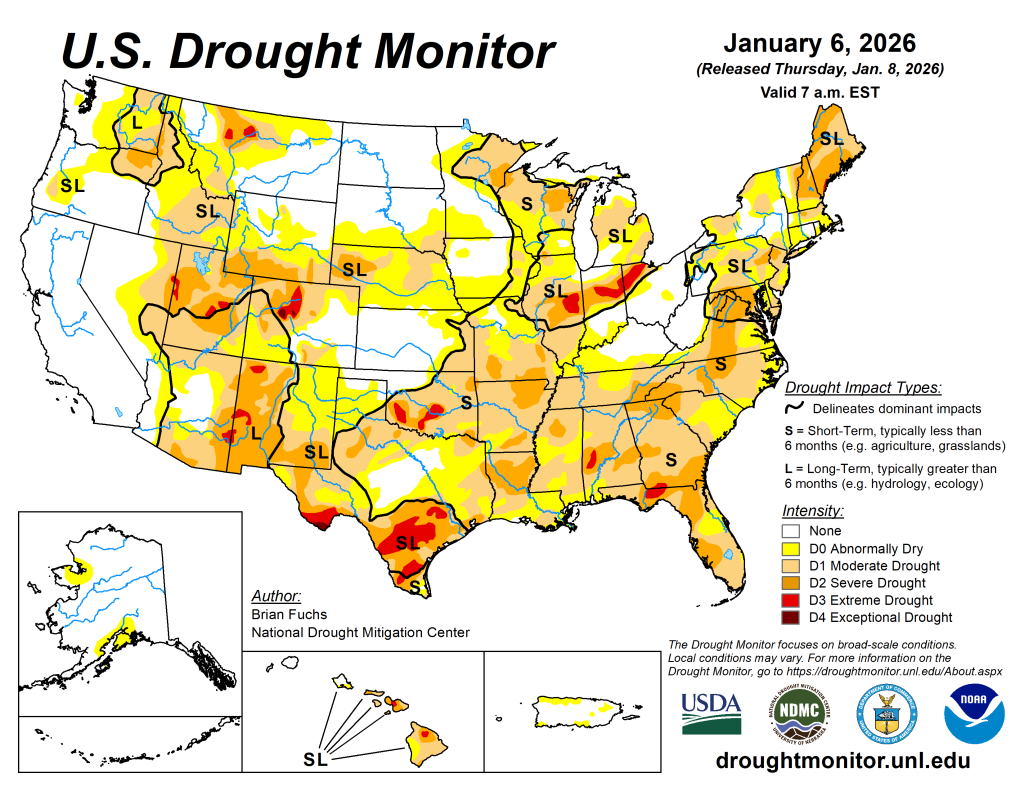 The U.S. Drought Monitor is jointly produced by the National Drought Mitigation Center at the University of Nebraska-Lincoln, the U.S. Department of Agriculture and the National Oceanic Atmospheric Administration. (Map courtesy of NDMC.)