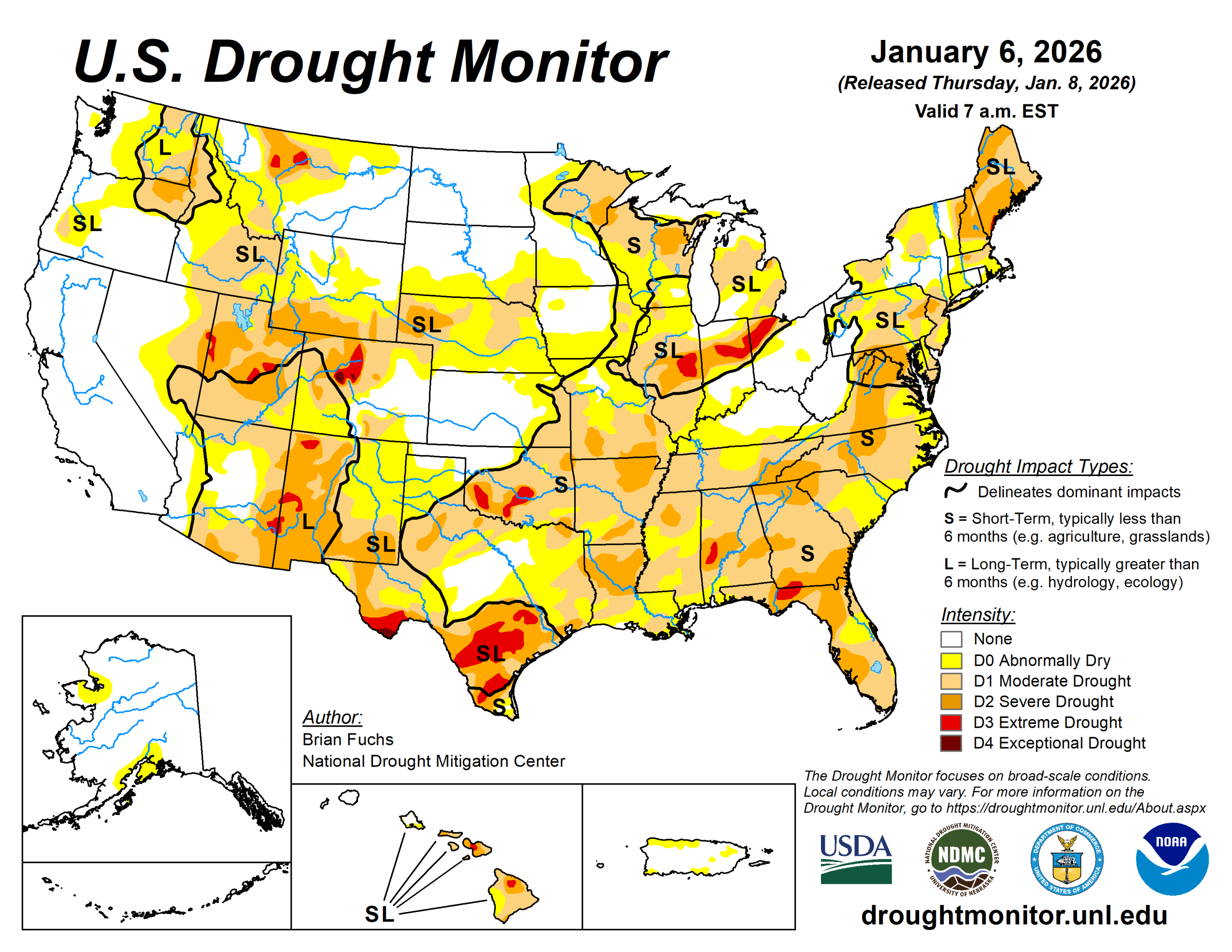 The U.S. Drought Monitor is jointly produced by the National Drought Mitigation Center at the University of Nebraska-Lincoln, the U.S. Department of Agriculture and the National Oceanic Atmospheric Administration. (Map courtesy of NDMC.)