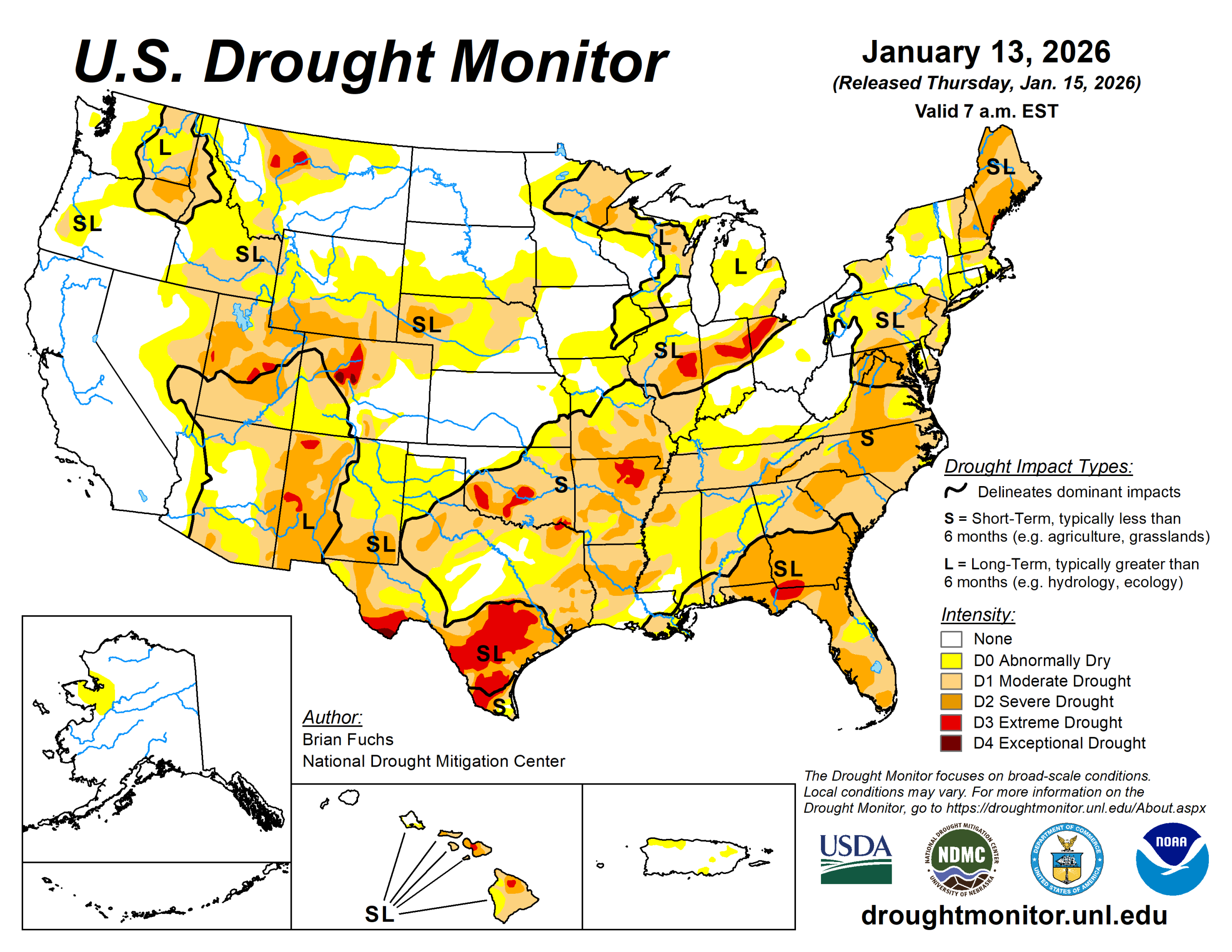 The U.S. Drought Monitor is jointly produced by the National Drought Mitigation Center at the University of Nebraska-Lincoln, the U.S. Department of Agriculture and the National Oceanic Atmospheric Administration. (Map courtesy of NDMC.)