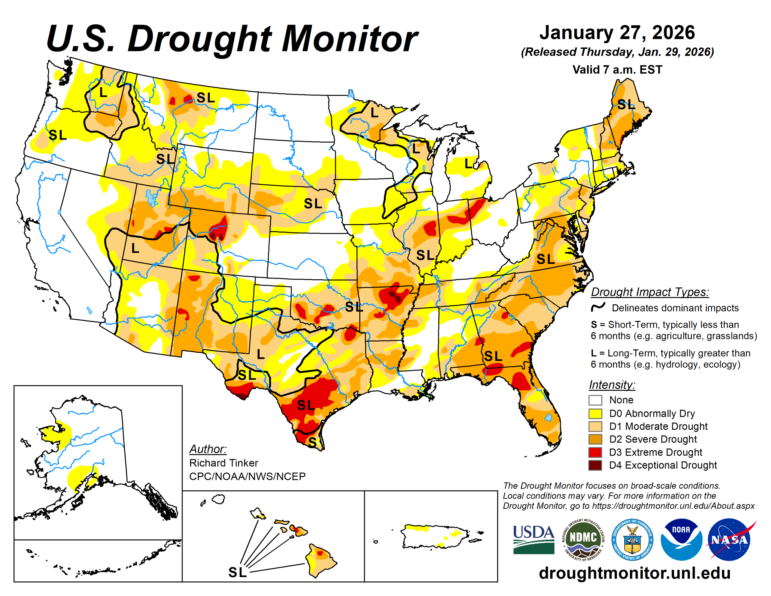 The U.S. Drought Monitor is jointly produced by the National Drought Mitigation Center at the University of Nebraska-Lincoln, the U.S. Department of Agriculture and the National Oceanic Atmospheric Administration. (Map courtesy of NDMC.)