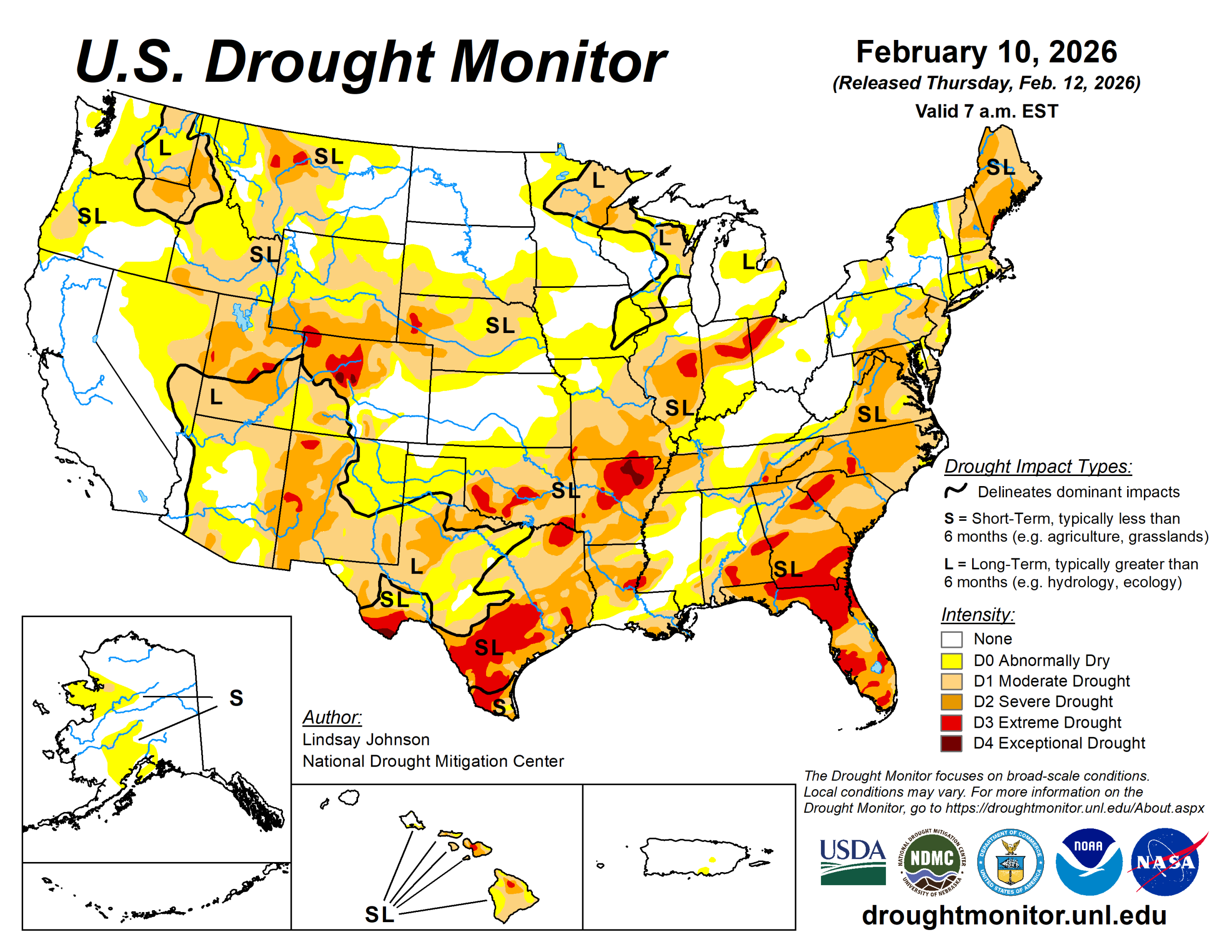 The U.S. Drought Monitor is jointly produced by the National Drought Mitigation Center at the University of Nebraska-Lincoln, the U.S. Department of Agriculture and the National Oceanic Atmospheric Administration. (Map courtesy of NDMC.)
