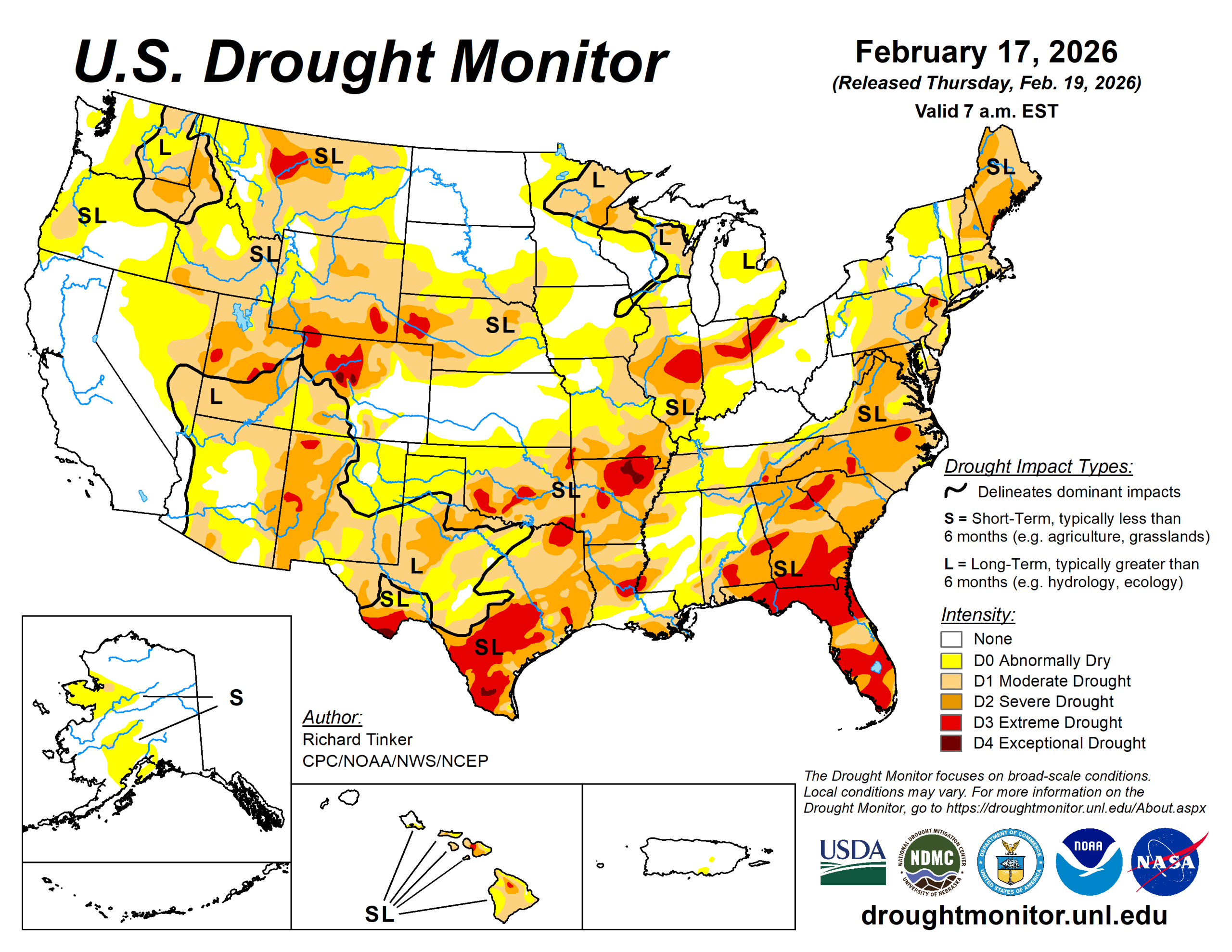 The U.S. Drought Monitor is jointly produced by the National Drought Mitigation Center at the University of Nebraska-Lincoln, the U.S. Department of Agriculture and the National Oceanic Atmospheric Administration. (Map courtesy of NDMC.)