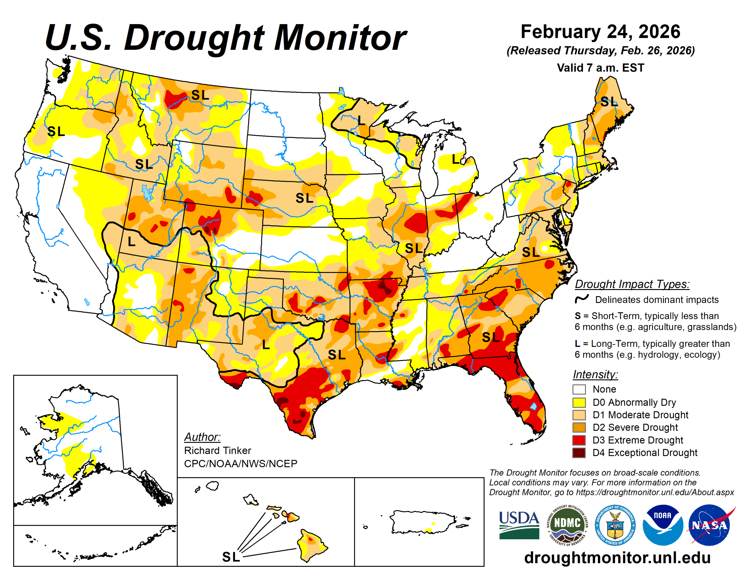 The U.S. Drought Monitor is jointly produced by the National Drought Mitigation Center at the University of Nebraska-Lincoln, the U.S. Department of Agriculture and the National Oceanic Atmospheric Administration. (Map courtesy of NDMC.)
