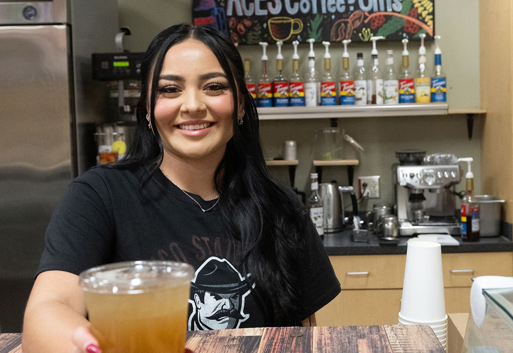 Manager Destyni Martinez was part of a five-member student team who ran ACES Coffee and Gifts, located inside Gerald Thomas Hall on the New Mexico State University campus. (NMSU photo by Josh Bachman)