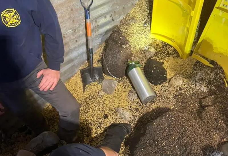 February 21, 2026 grain bin collapse in Harvey County, KS. (Photo courtesy of Sedgwick County Fire District 1)
