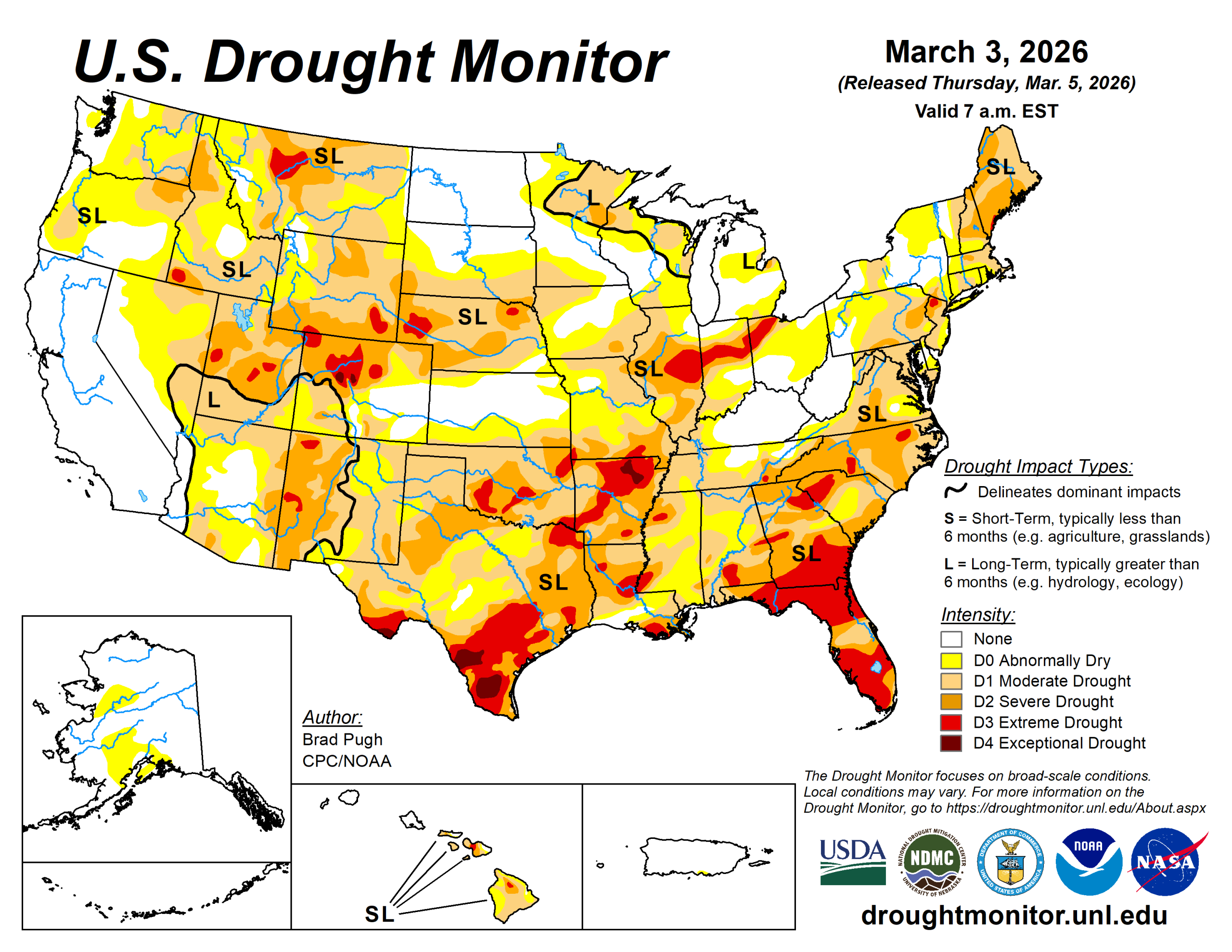 The U.S. Drought Monitor is jointly produced by the National Drought Mitigation Center at the University of Nebraska-Lincoln, the U.S. Department of Agriculture and the National Oceanic Atmospheric Administration. (Map courtesy of NDMC.)