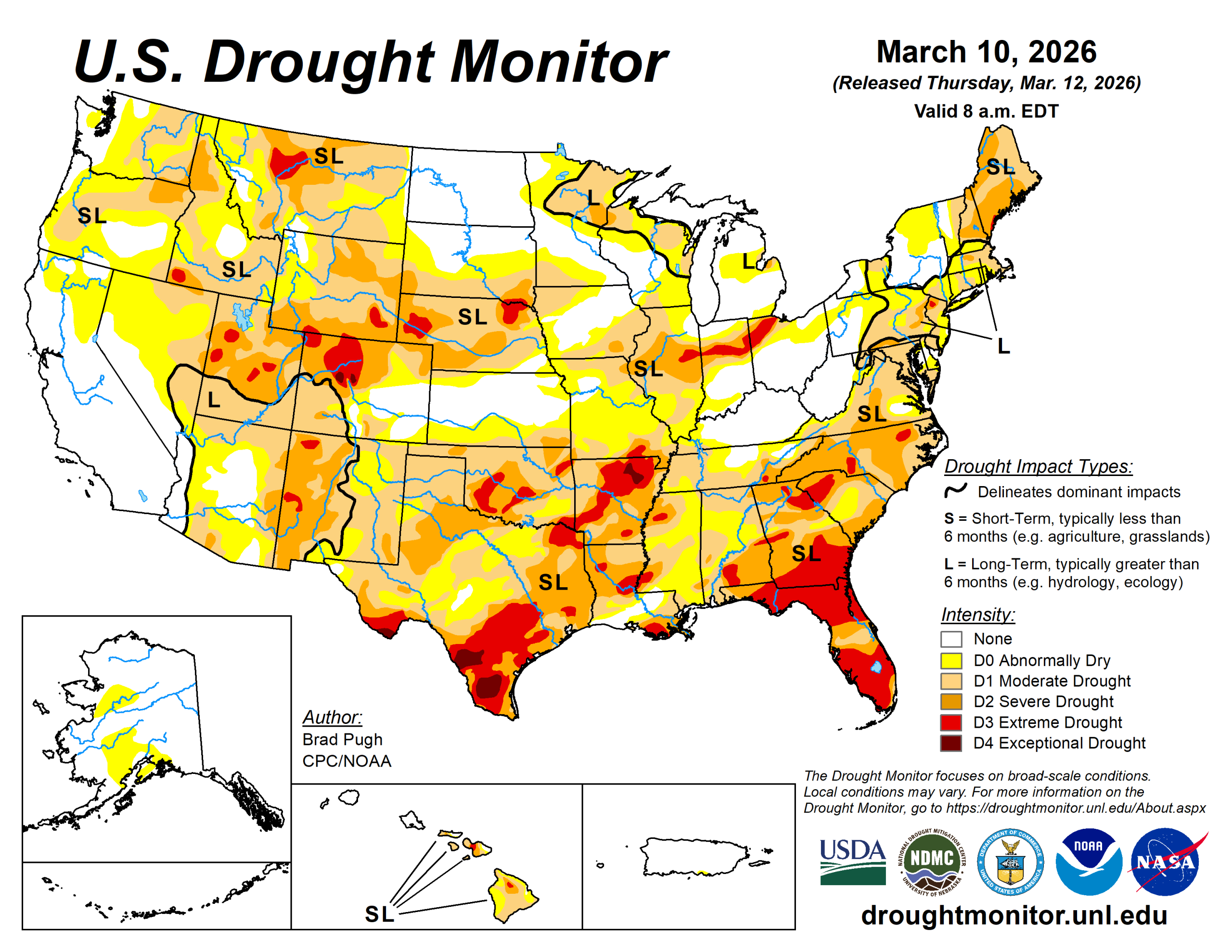 The U.S. Drought Monitor is jointly produced by the National Drought Mitigation Center at the University of Nebraska-Lincoln, the U.S. Department of Agriculture and the National Oceanic Atmospheric Administration. (Map courtesy of NDMC.)