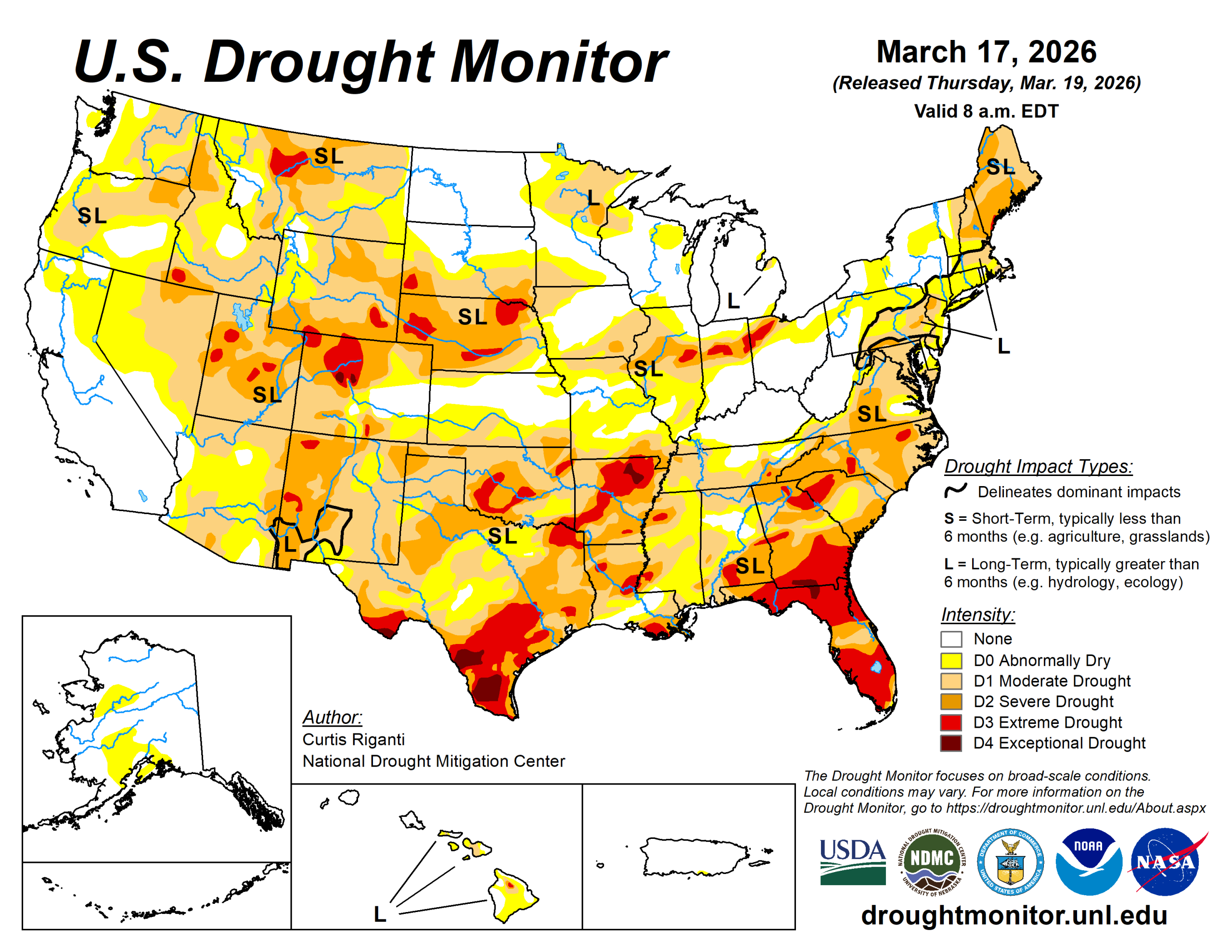 The U.S. Drought Monitor is jointly produced by the National Drought Mitigation Center at the University of Nebraska-Lincoln, the U.S. Department of Agriculture and the National Oceanic Atmospheric Administration. (Map courtesy of NDMC.)