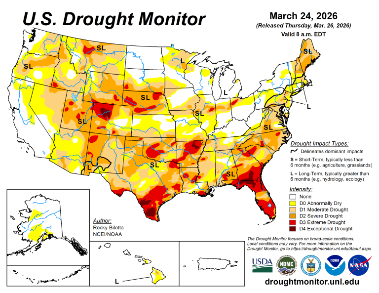 The U.S. Drought Monitor is jointly produced by the National Drought Mitigation Center at the University of Nebraska-Lincoln, the U.S. Department of Agriculture and the National Oceanic Atmospheric Administration. (Map courtesy of NDMC.)