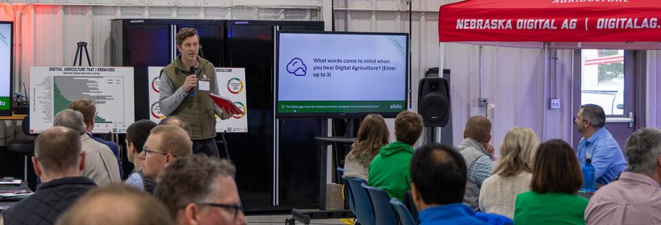 Dan Uden speaks to stakeholders about IANR’s Digital Agriculture Hub initiative at an engagement event March 11 at the new NFarms building in Mead, Nebraska. (Madalyn Backes)