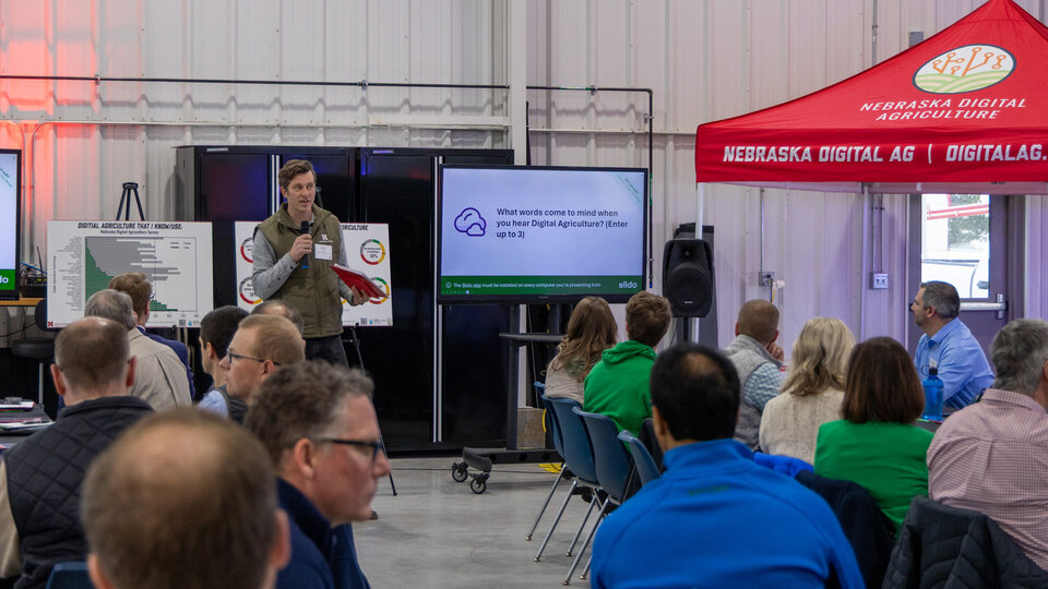Dan Uden speaks to stakeholders about IANR’s Digital Agriculture Hub initiative at an engagement event March 11 at the new NFarms building in Mead, Nebraska. (Madalyn Backes)