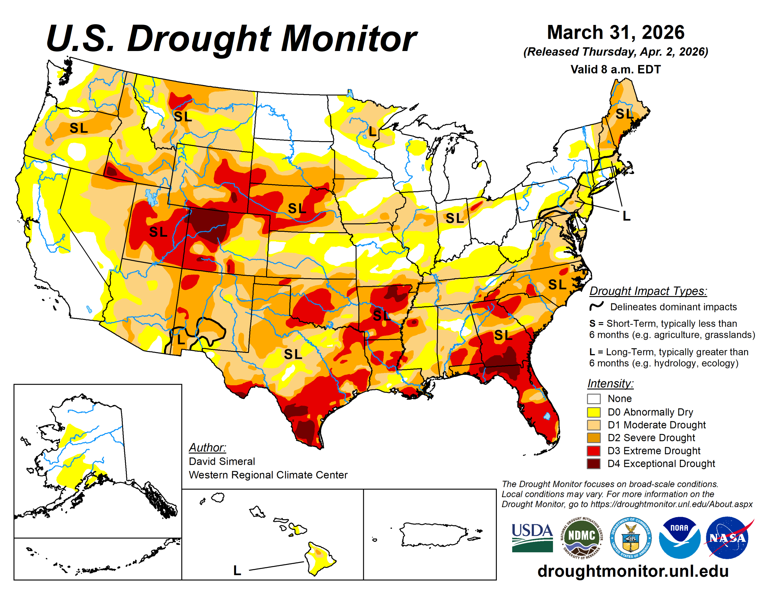 The U.S. Drought Monitor is jointly produced by the National Drought Mitigation Center at the University of Nebraska-Lincoln, the U.S. Department of Agriculture and the National Oceanic Atmospheric Administration. (Map courtesy of NDMC.)